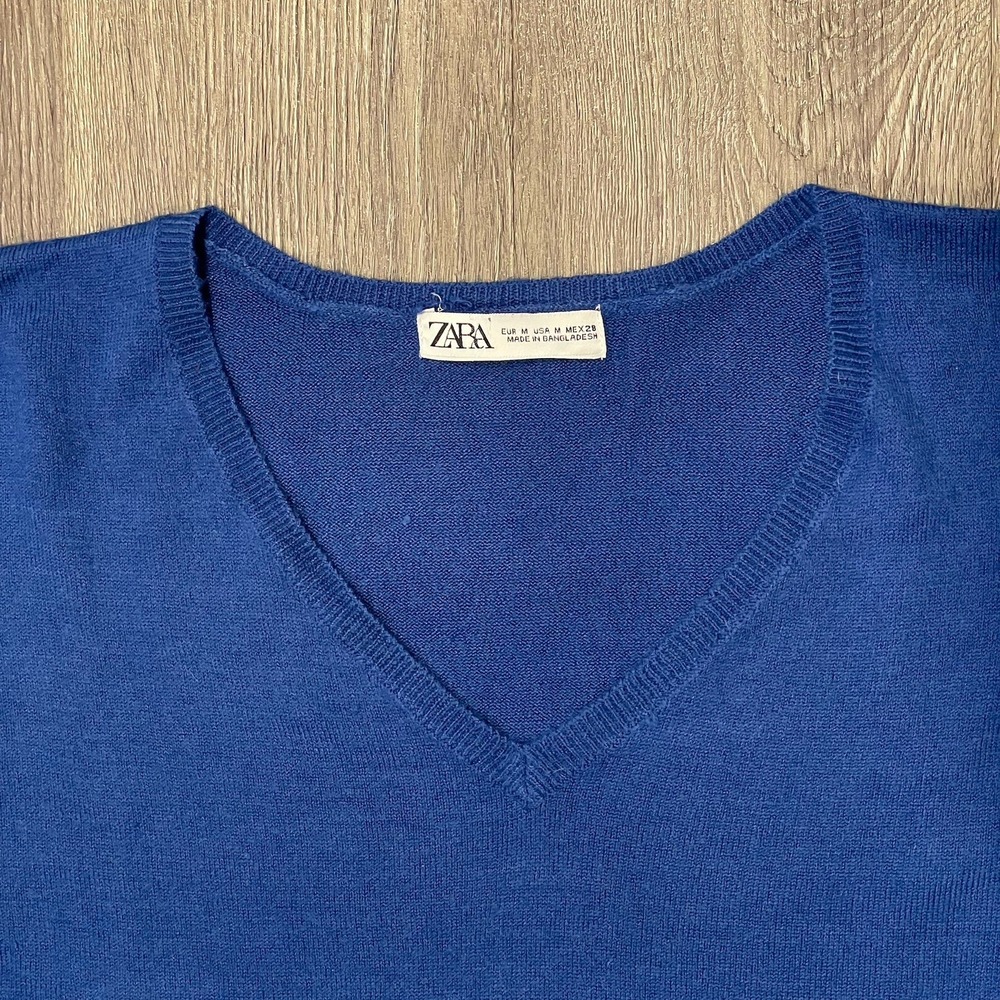 Zara Women Royal Blue V-Neck Knit Sweater Long Sleeve Relaxed Fit Size Medium